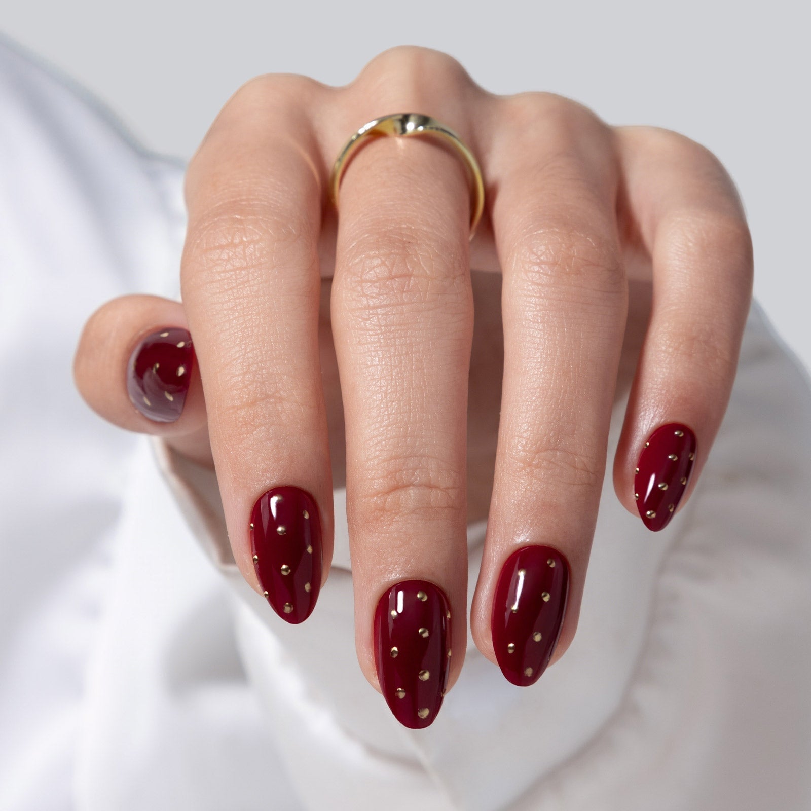 Deep Red Glossy Short Almond Nails with Gold Polka Dots — Red Nails