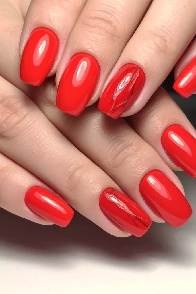 Bright Red Glossy Short Oval Nails with Foil Accents — Red Nails
