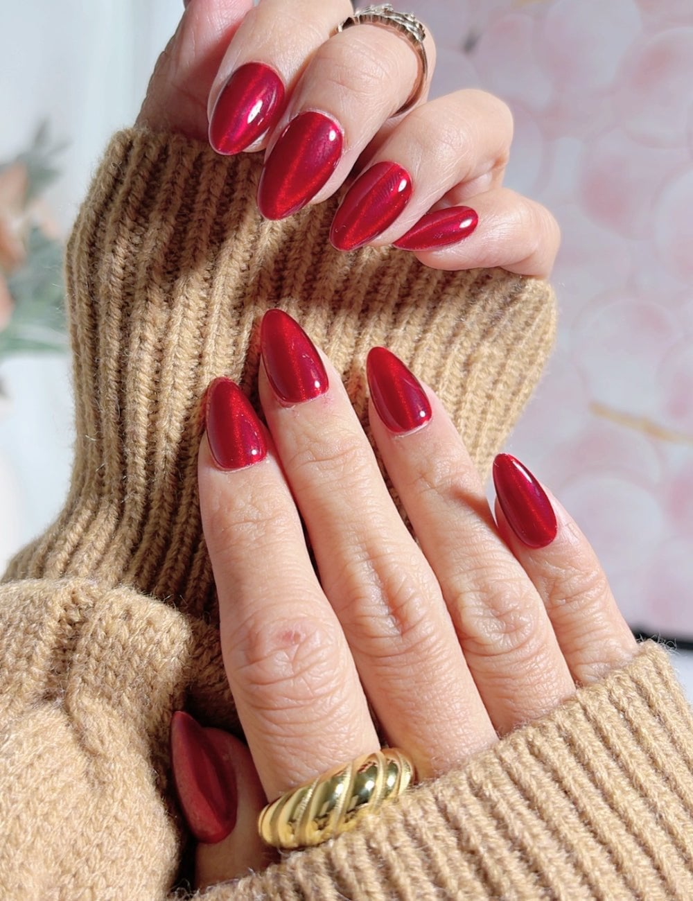 Striking Red Cat-Eye Medium Almond Nails — Red Nails