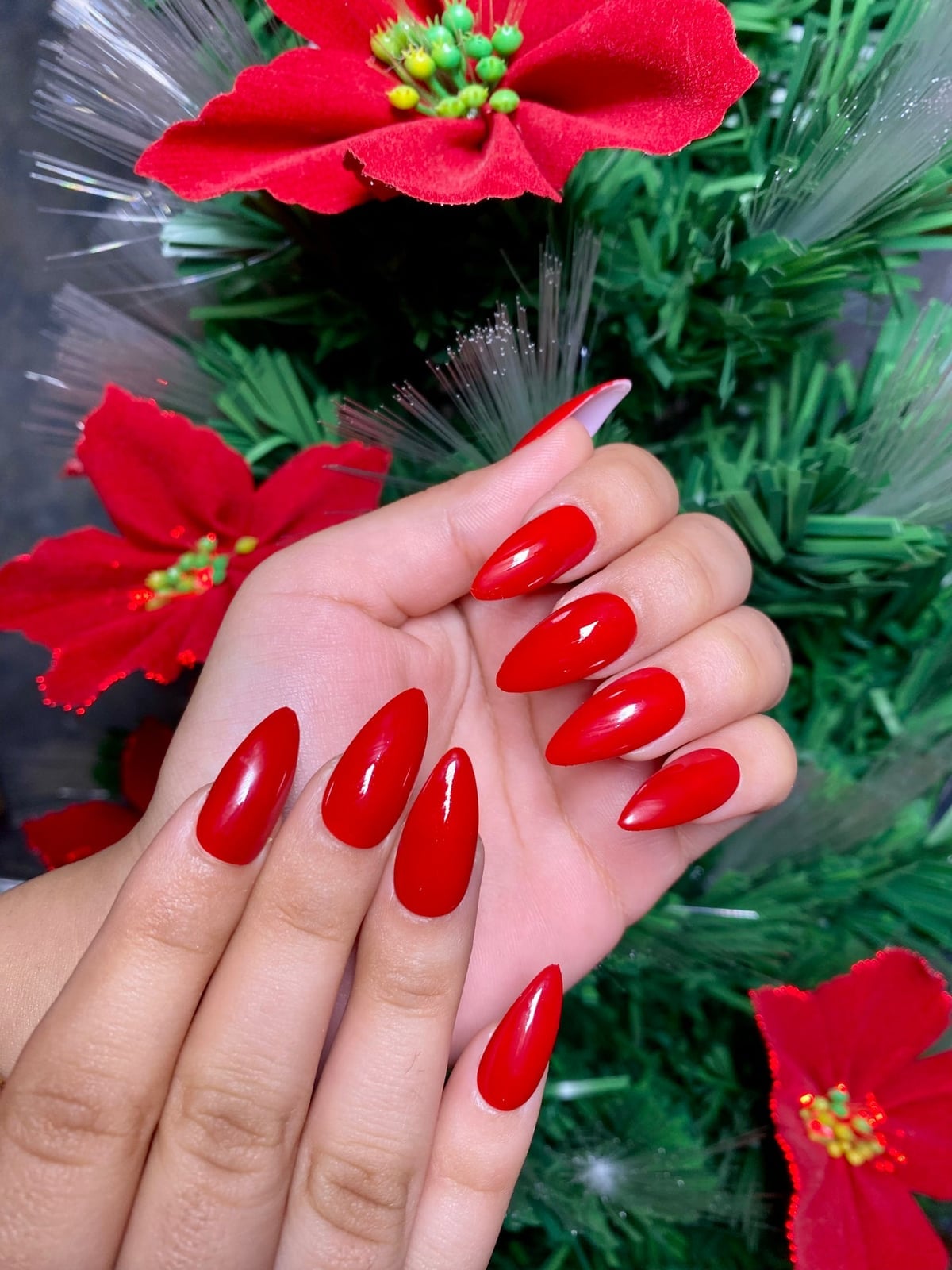 Deep Cherry Red Glossy Long Stiletto Nails with Rhinestones — Red Nails