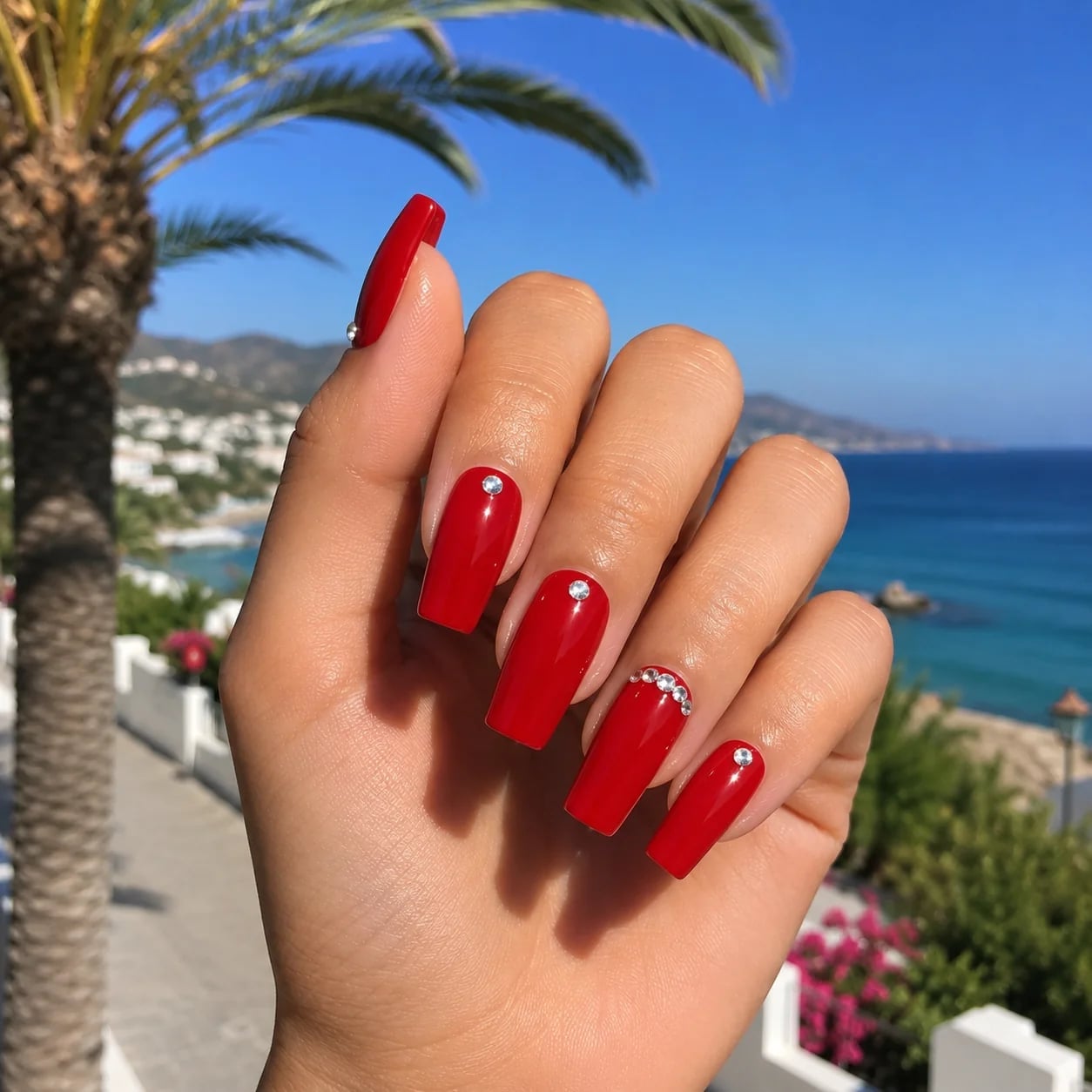 Bright Red Glossy Long Coffin Nails with Rhinestone Accents — Red Nails