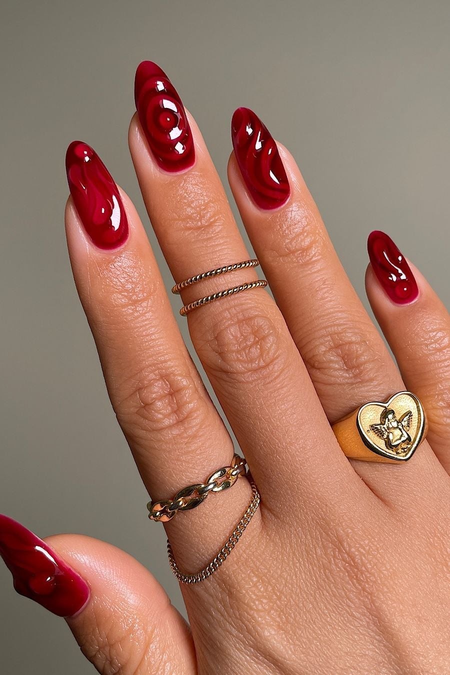 Deep Translucent Red Swirl Long Almond Nails — Red Nails