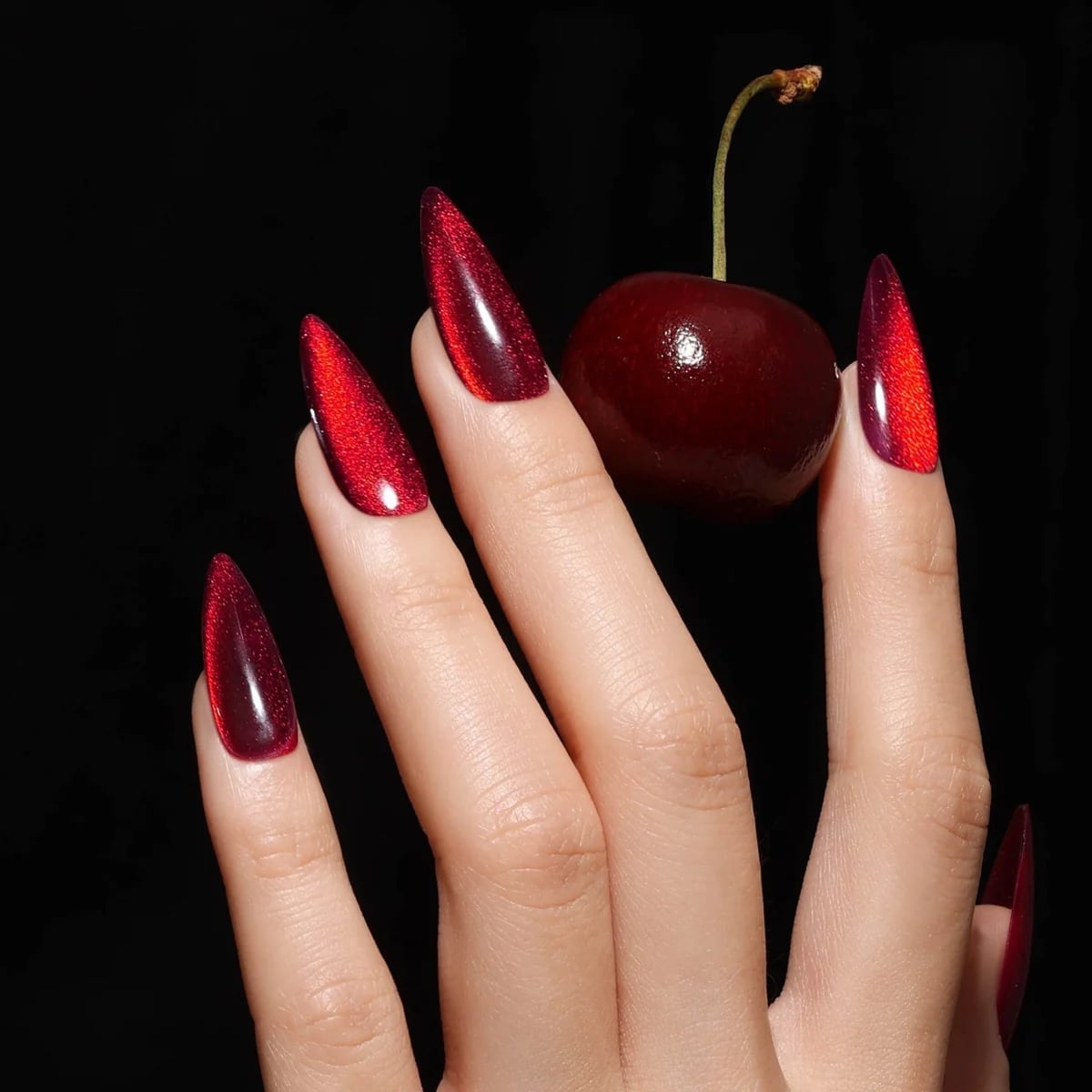 Deep Red Orange Undertone Cat-Eye Long Stiletto Nails — Red Nails