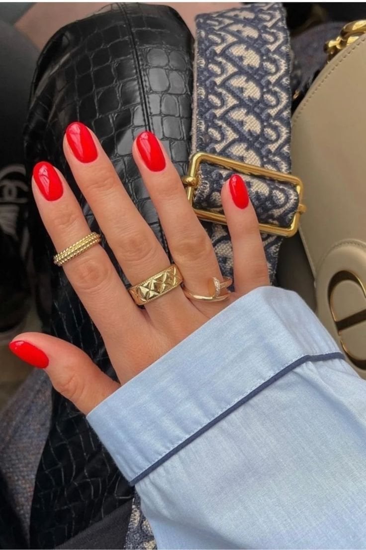Bright Opaque Red Glossy Short Oval Nails — Red Nails