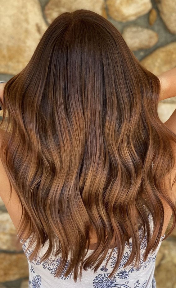 Warm Hazelnut Mid-Back Wavy With Brown Warm Hazelnut Mid-Back Wavy With Brown — Reverse Balayage