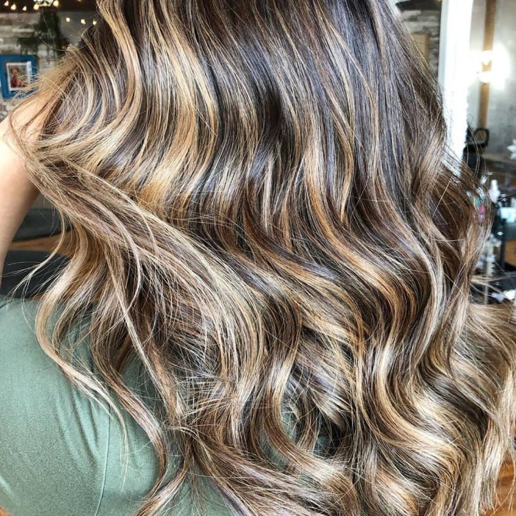 Dark Brown Mid-Back Wavy Ash Blonde Blend, Layers Dark Brown Mid-Back Wavy Ash Blonde Blend, Layers — Reverse Balayage
