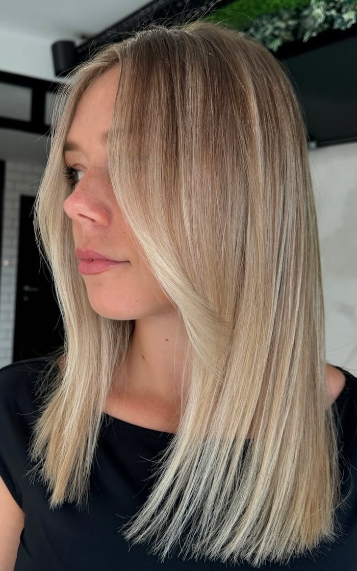 Dark Blonde Reverse Balayage With Curtain Bangs Dark Blonde Reverse Balayage With Curtain Bangs