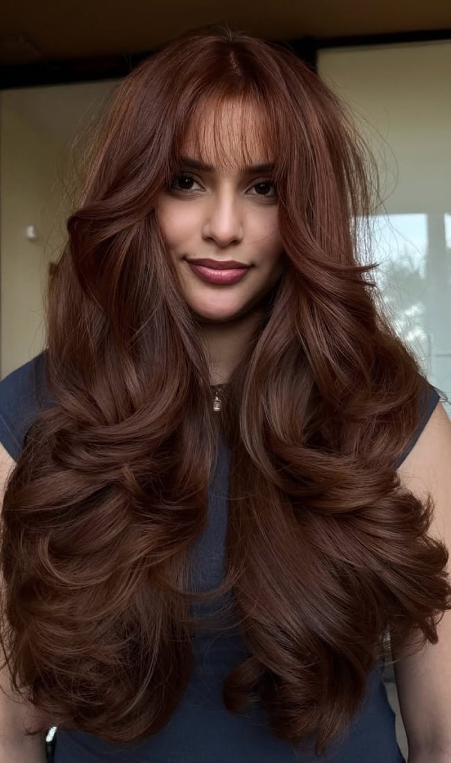 Mid-Back Chocolate Cherry Brown With Wispy Bangs And Soft Waves Mid-Back Chocolate Cherry Brown With Wispy Bangs And Soft Waves — Rich Brunette