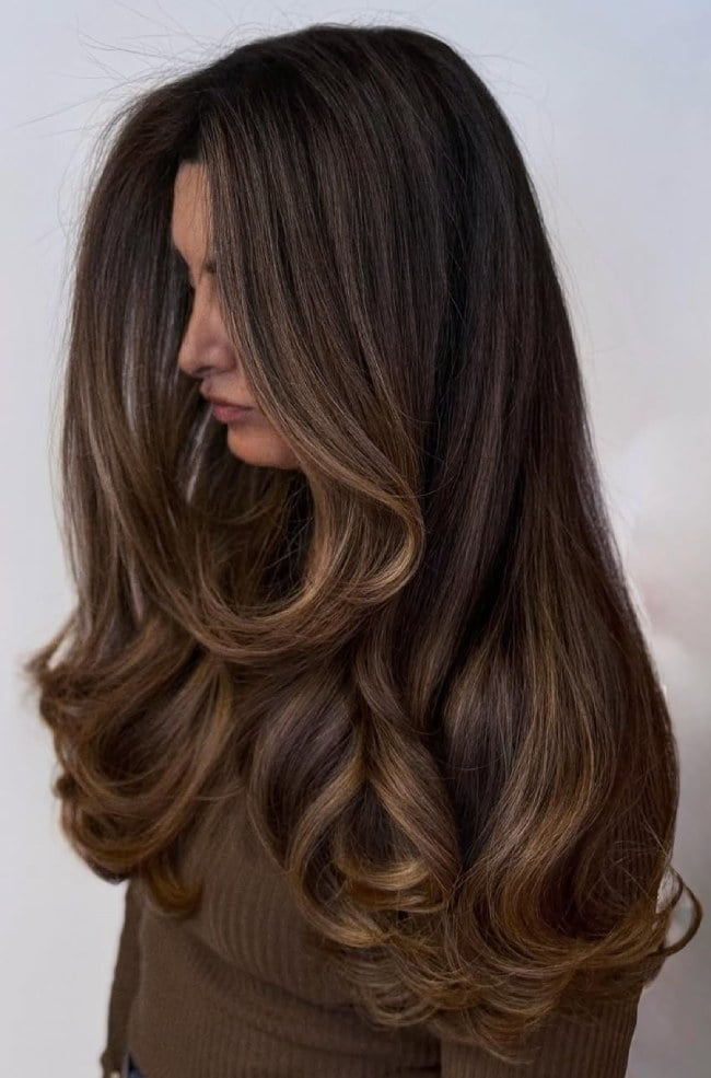 Mid-Back Dark Brown With Caramel Highlights And Side Part Mid-Back Dark Brown With Caramel Highlights And Side Part — Rich Brunette