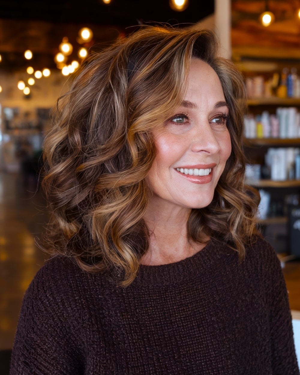 Shoulder Length Medium Brown With Caramel Highlights And Side Part Shoulder Length Medium Brown With Caramel Highlights And Side Part — Rich Brunette