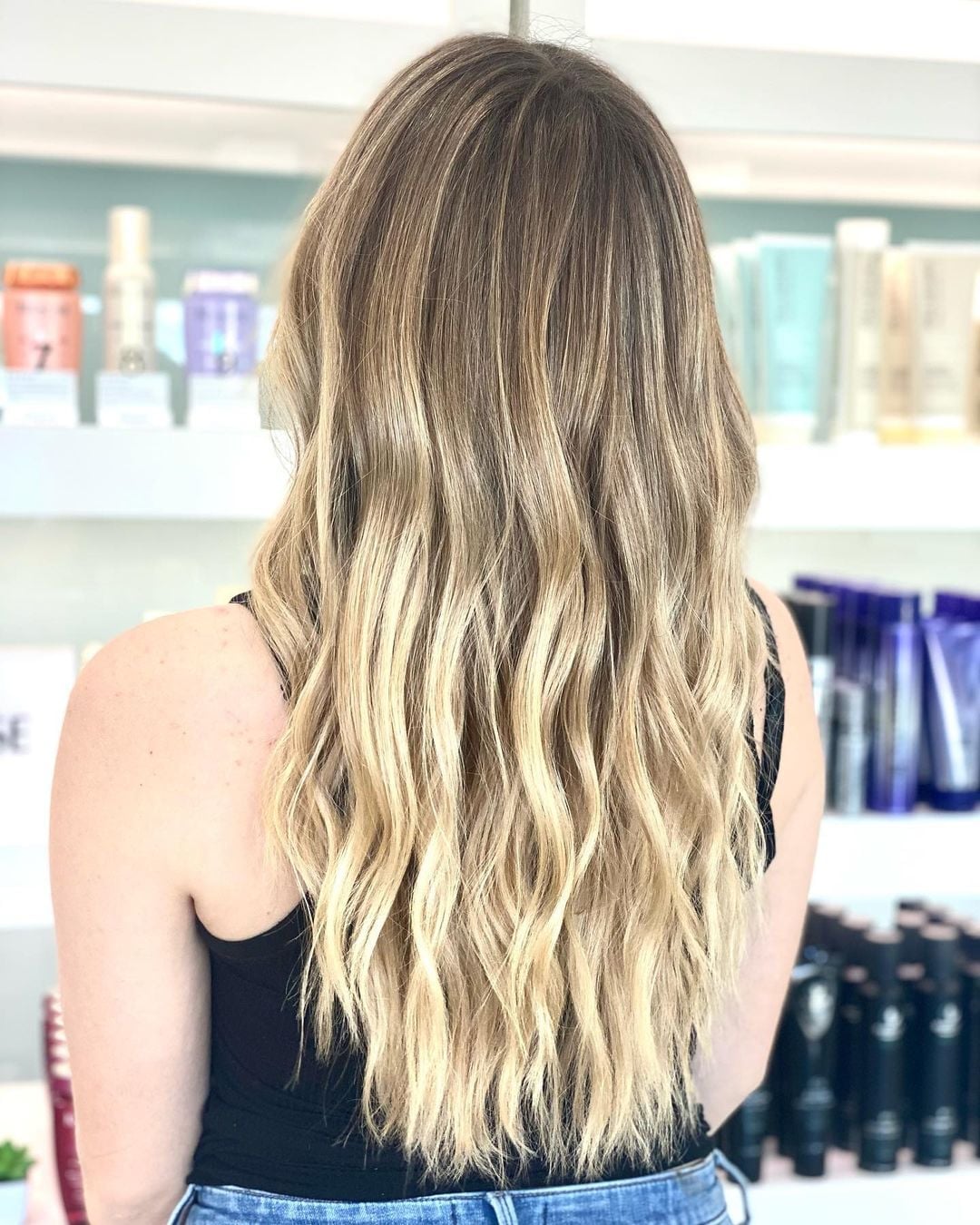 Mid-Back Dark Rooted Blonde Balayage From Side Mid-Back Dark Rooted Blonde Balayage From Side