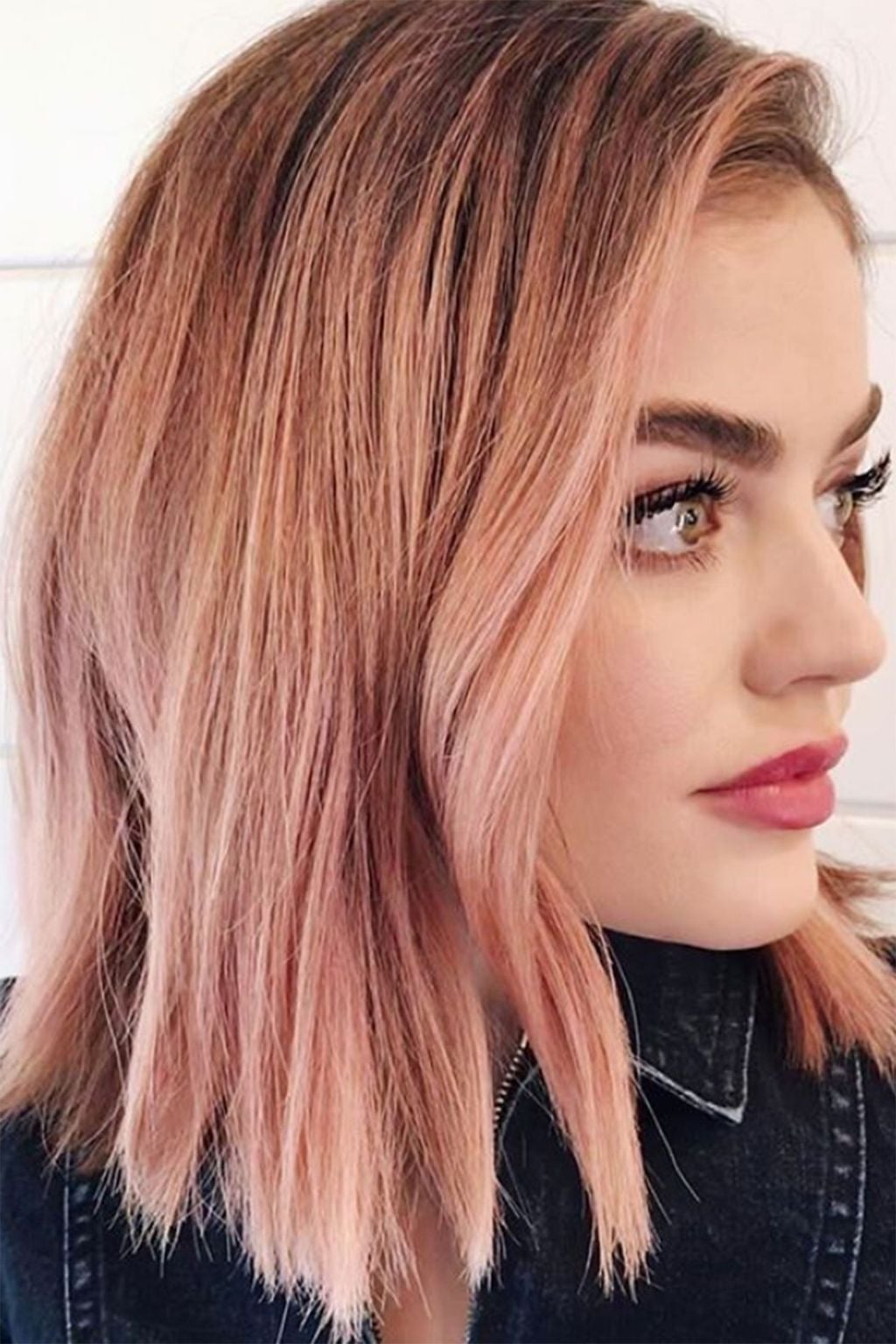 Collarbone Lob With Natural Glossy Finish — Rose Gold Hair