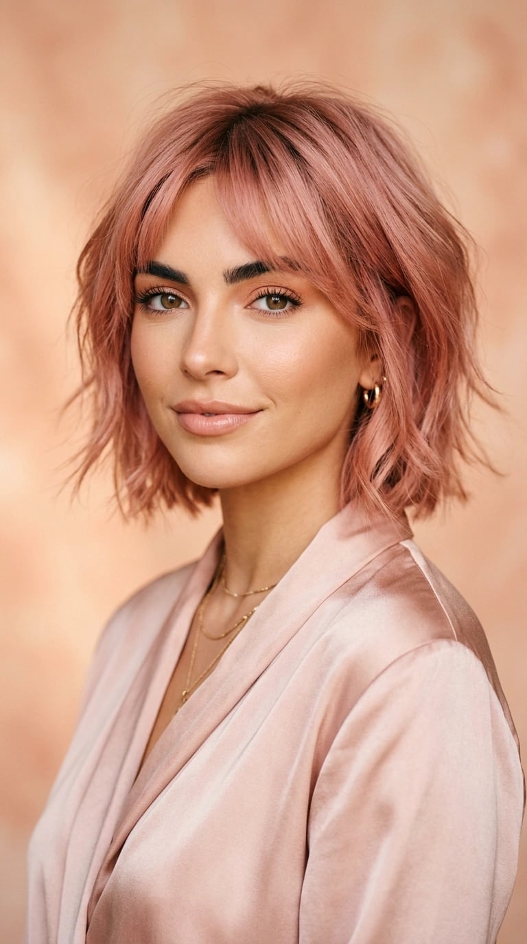 Collarbone Wavy Bob With Wispy Bangs — Rose Gold Hair