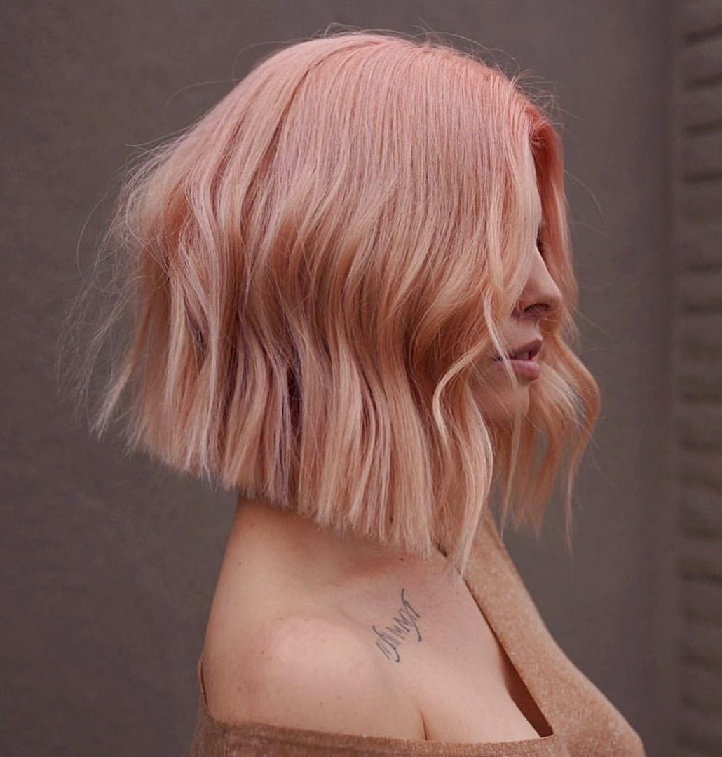 Chin Length Bob With Wavy Texture — Rose Gold Hair