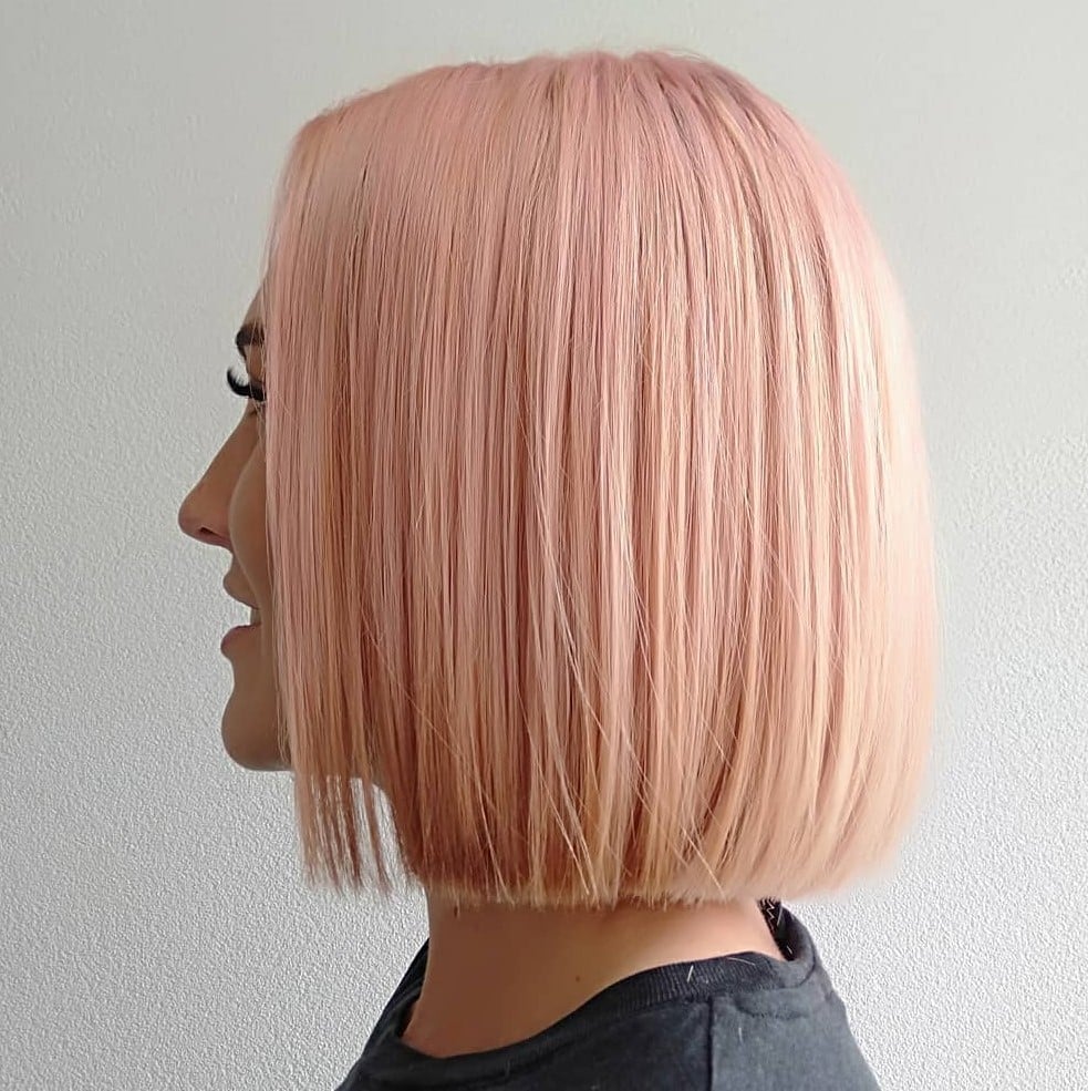 Chin Length Straight Bob With Blowout — Rose Gold Hair