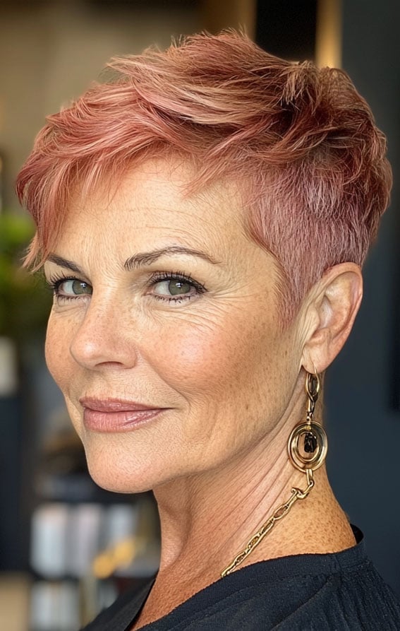 Short Pixie Shag With Side-Swept Bangs — Rose Gold Hair