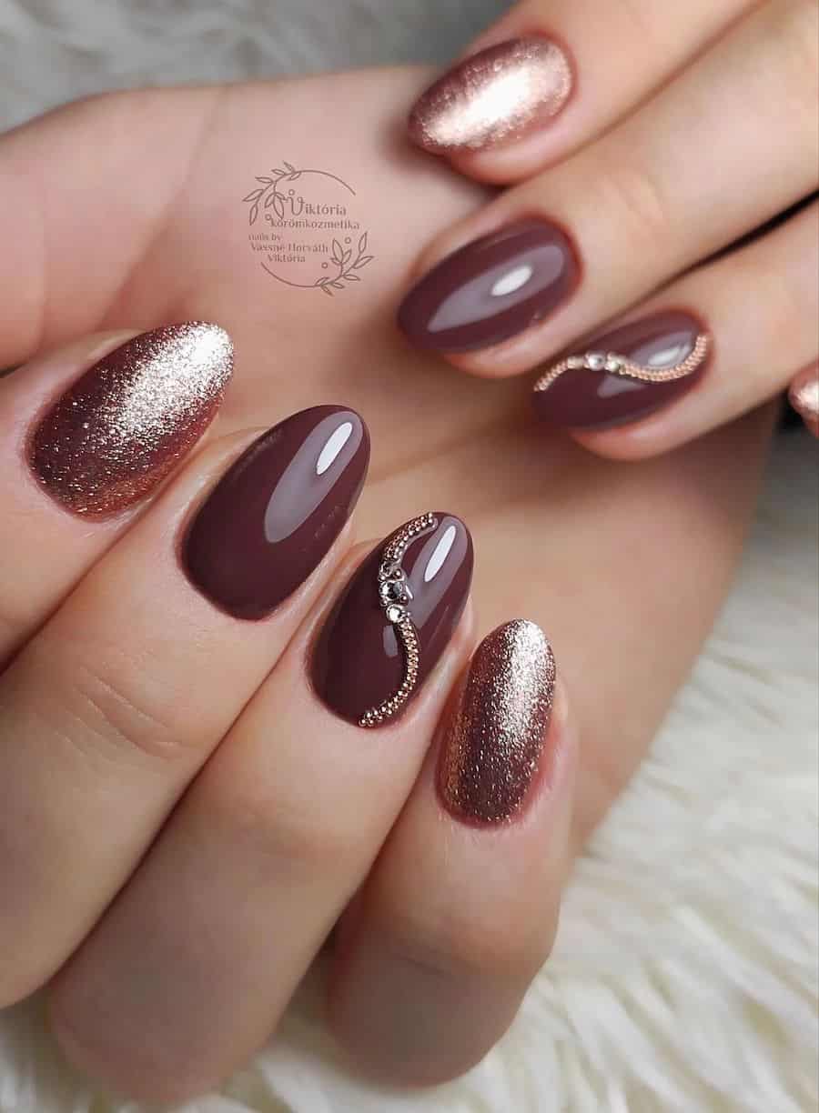 Burgundy Rose Gold Glitter Curved Line Medium Almond Nails Burgundy Rose Gold Glitter Curved Line Medium Almond Nails — Rose Gold Nails