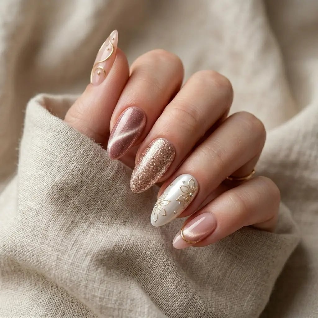 Rose Gold Cat Eye Floral Glitter Short Almond Nails Rose Gold Cat Eye Floral Glitter Short Almond Nails — Rose Gold Nails