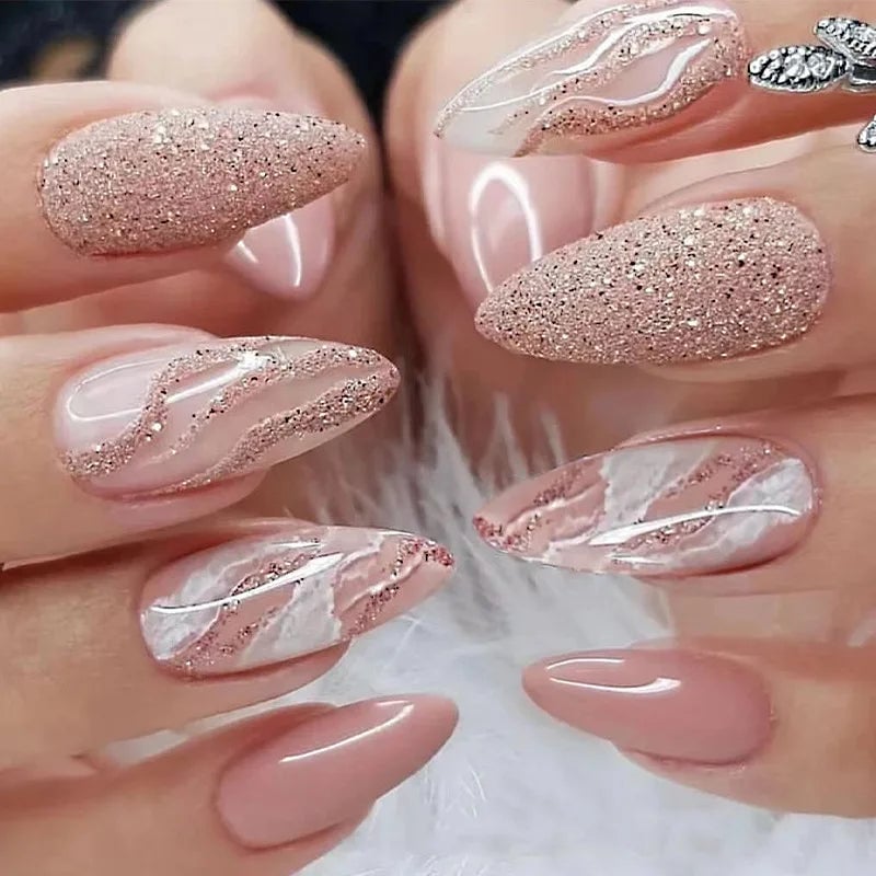 Soft Pink Marble Rose Gold Glitter Medium Almond Nails Soft Pink Marble Rose Gold Glitter Medium Almond Nails — Rose Gold Nails