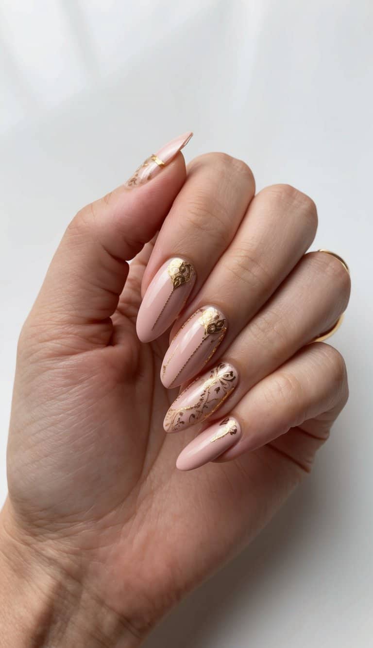 Soft Pink Gold Filigree Medium Almond Nails Soft Pink Gold Filigree Medium Almond Nails — Rose Gold Nails