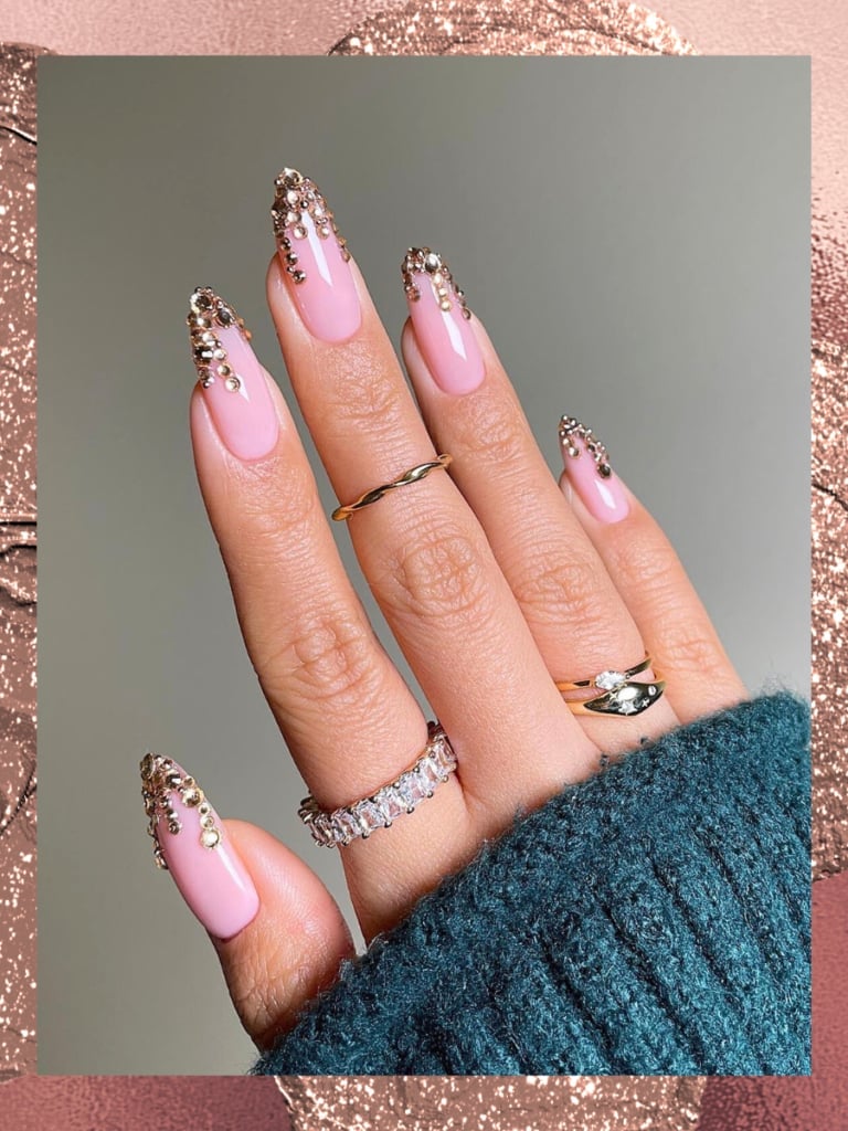 Sheer Pink Gold Rhinestone French Medium Almond Nails Sheer Pink Gold Rhinestone French Medium Almond Nails — Rose Gold Nails