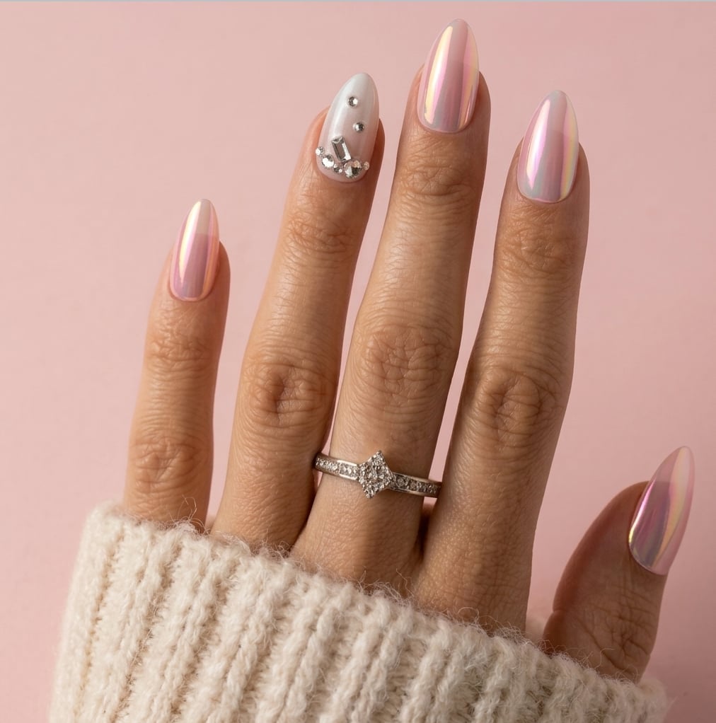 Sheer Pink Pearlescent Rose Gold Floral Short Almond Nails Sheer Pink Pearlescent Rose Gold Floral Short Almond Nails — Rose Gold Nails