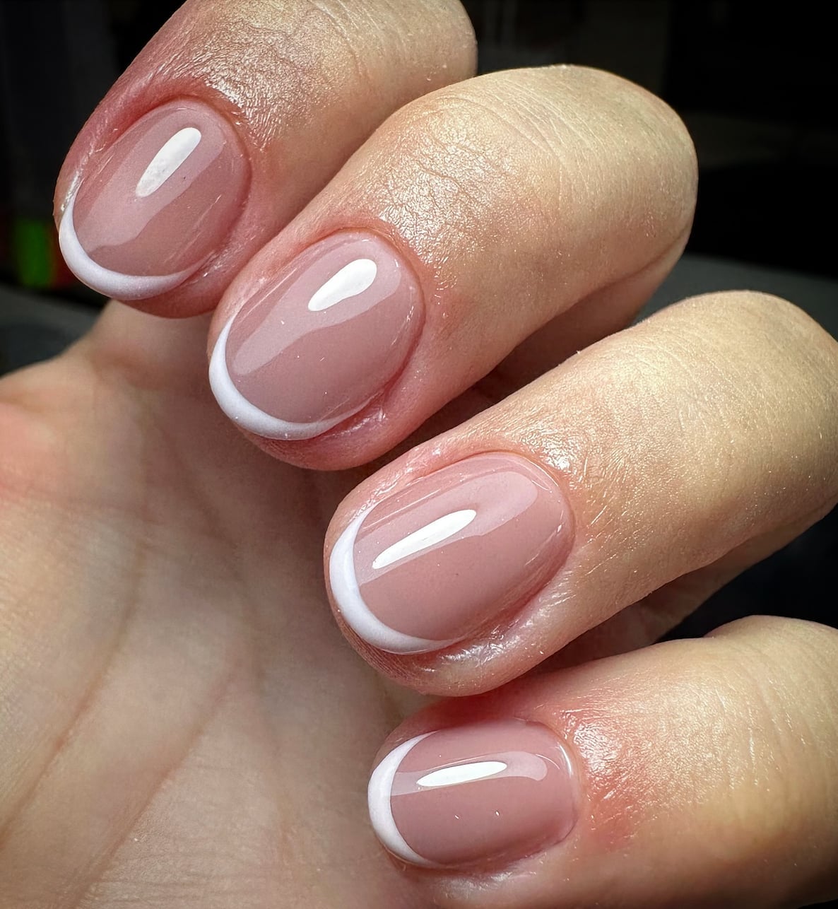 Pink Nude Base White Tip Glossy Round Nails Pink Nude Base White Tip Glossy Round Nails