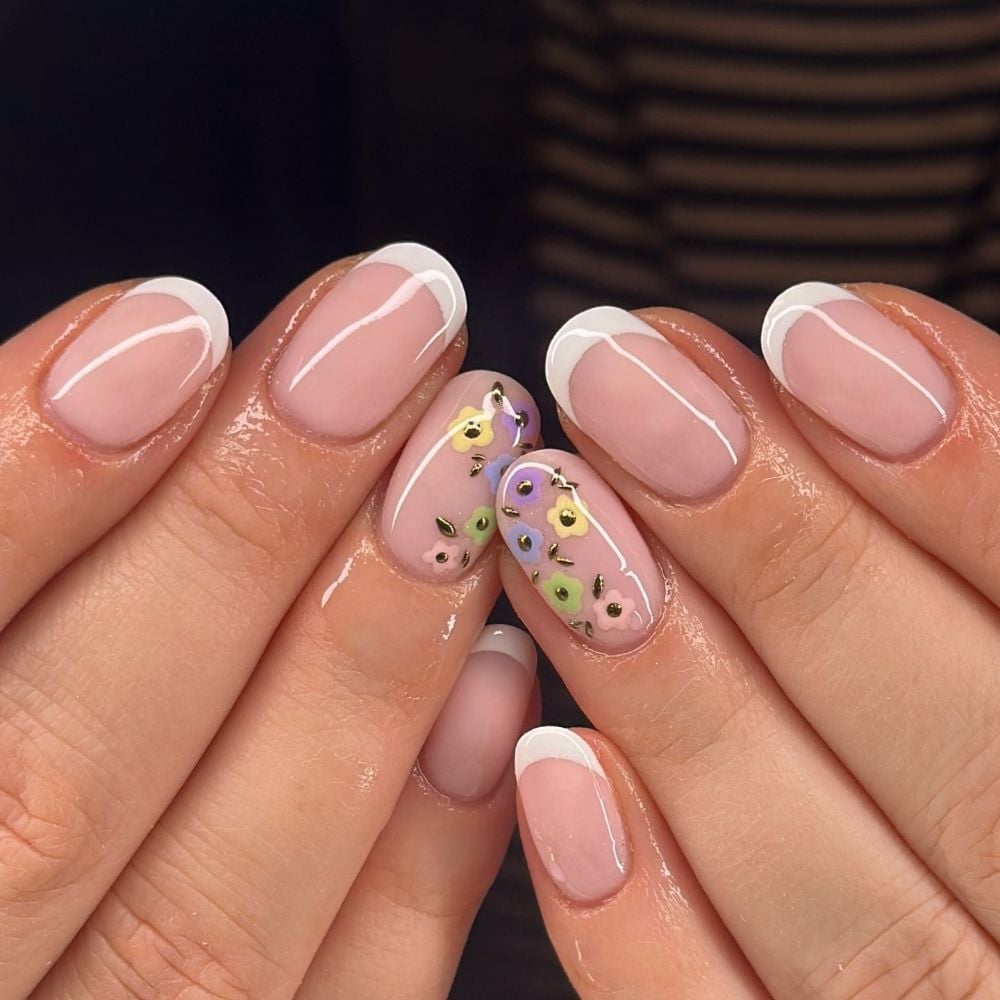 Floral Decal French Tip Glossy Short Round Nails Floral Decal French Tip Glossy Short Round Nails