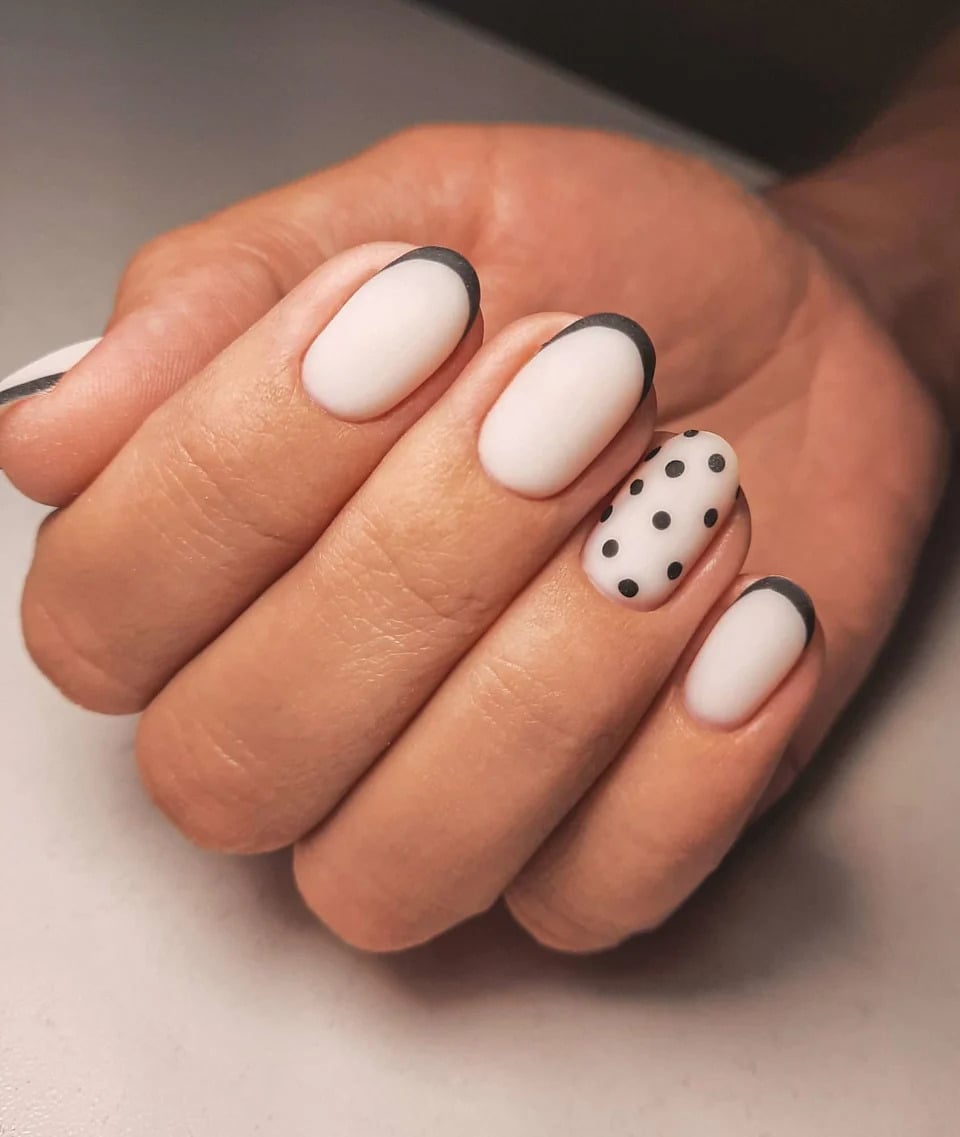 Matte White Black Tip Polka Dot Round Nails Matte White Black Tip Polka Dot Round Nails