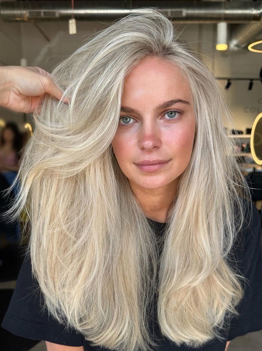 Mid-Back Wavy Ash Blonde With Dimension Mid-Back Wavy Ash Blonde With Dimension — Scandi Blonde