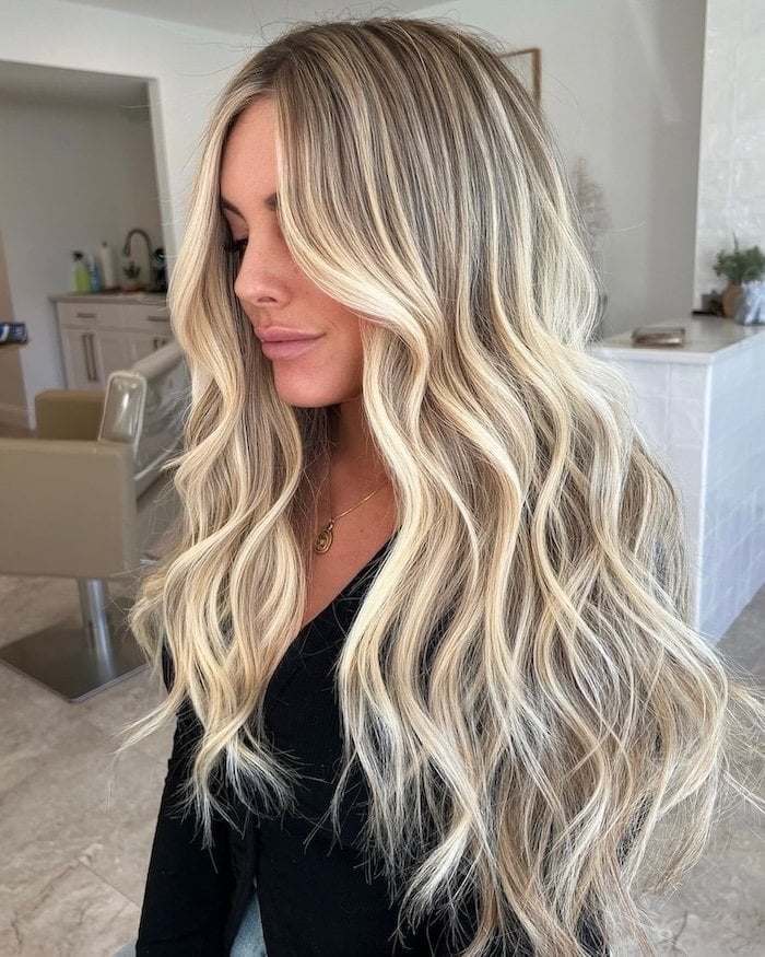 Mid-Back Icy Blonde With Root Shadow, Wavy Mid-Back Icy Blonde With Root Shadow, Wavy — Scandi Blonde