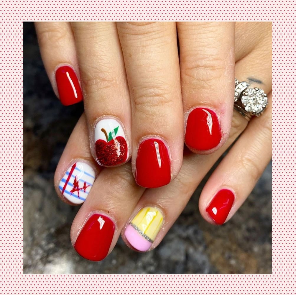 Short Square Glitter Apple Plaid Stripes Block Nails — School Nails