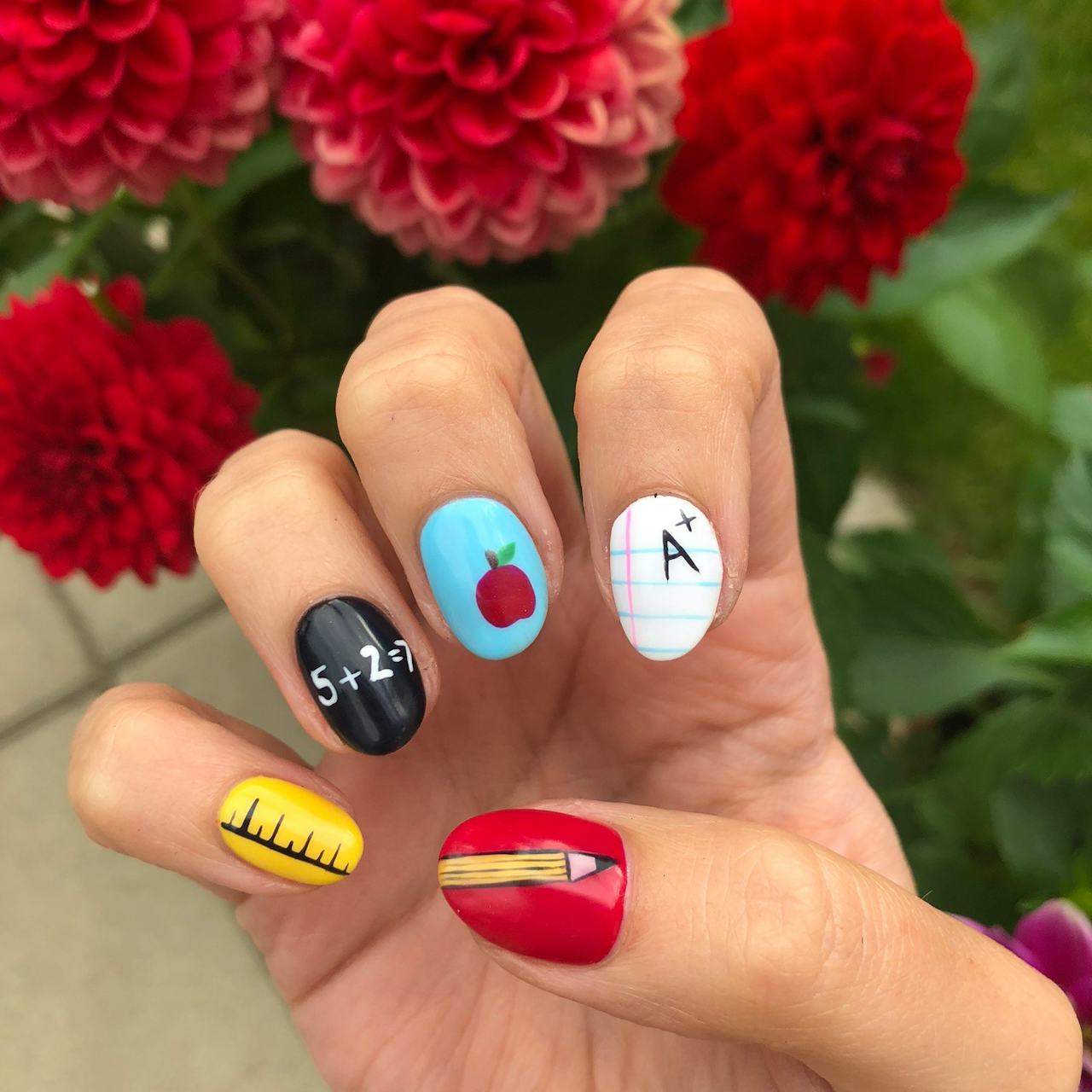 Short Oval School Theme Glossy Matte Nails — School Nails