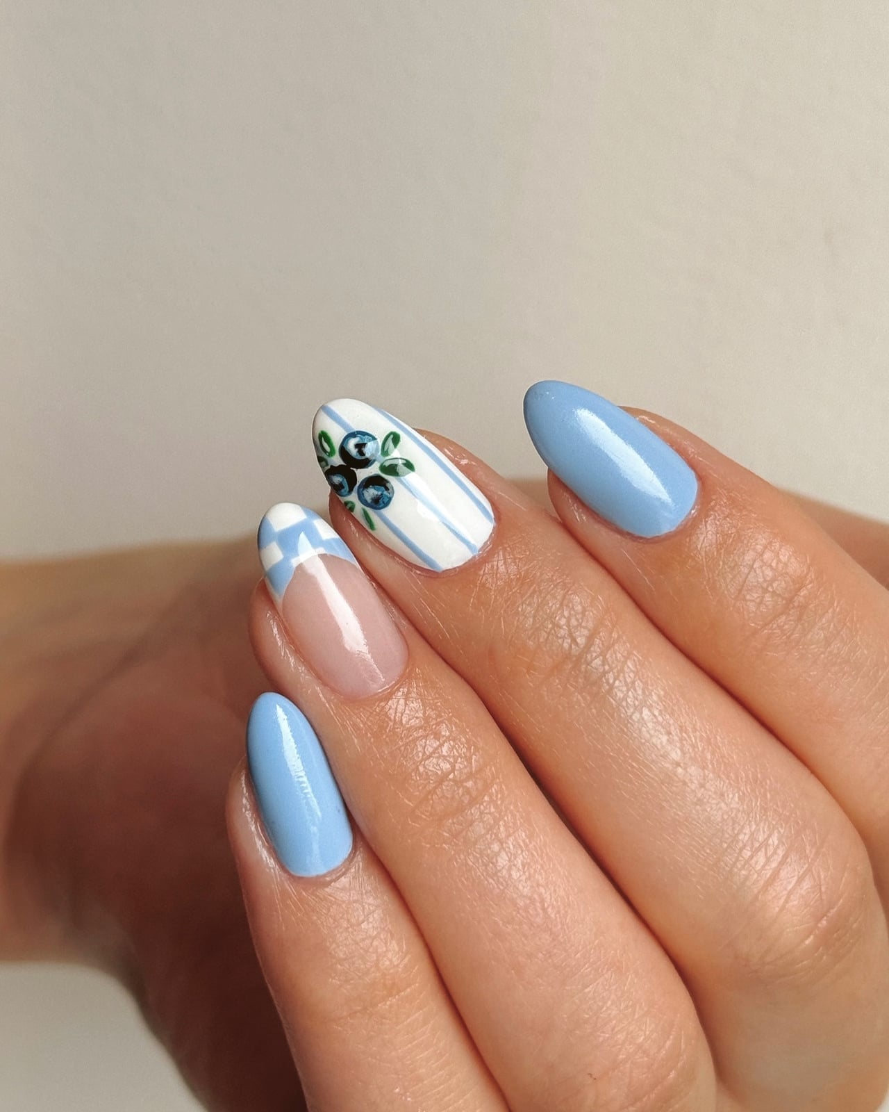 Short Oval Nude Blue Stripe Blueberry French Tip Nails — School Nails