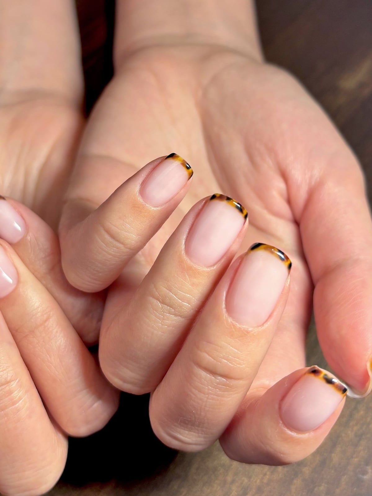 Short Almond Nude Tortoiseshell French Tip Nails — School Nails