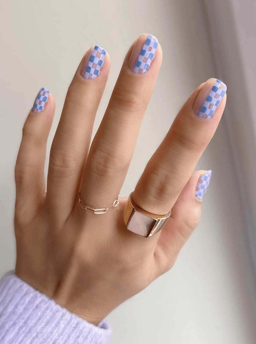 Short Square Light Blue Beige Gingham Nails — School Nails
