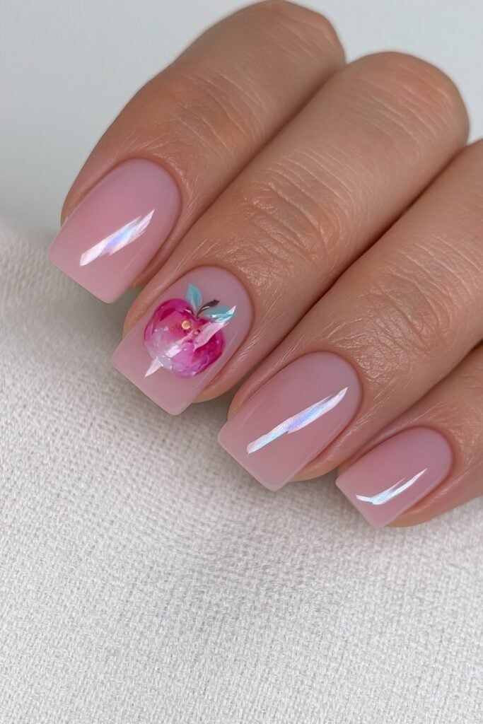 Medium Square Pink Red Apple Accent Nail, Close-Up Take — School Nails