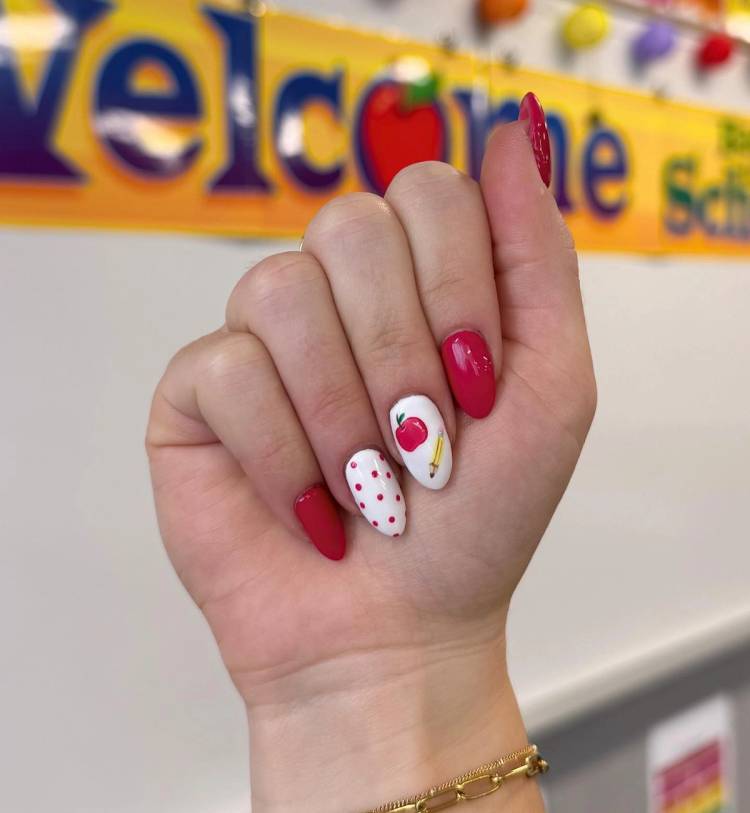 Medium Square Red Apple Pencil Polka Dot Nails — School Nails
