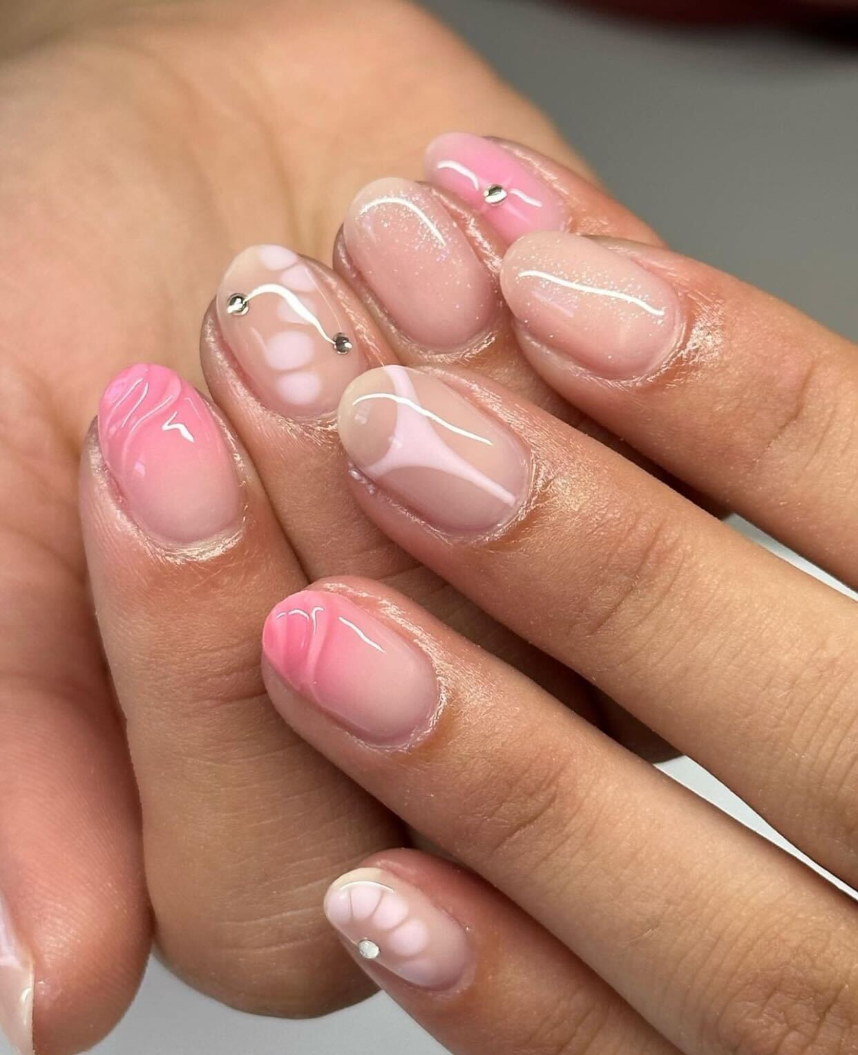 Medium Oval Pink Swirl Floral Glitter Nails — School Nails