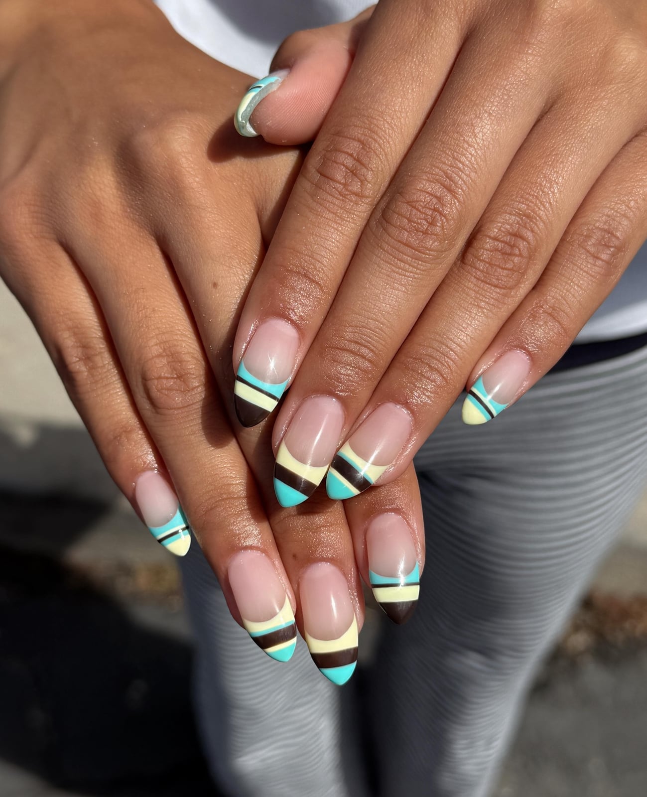 Medium Almond Nude Striped French Tip Nails — School Nails