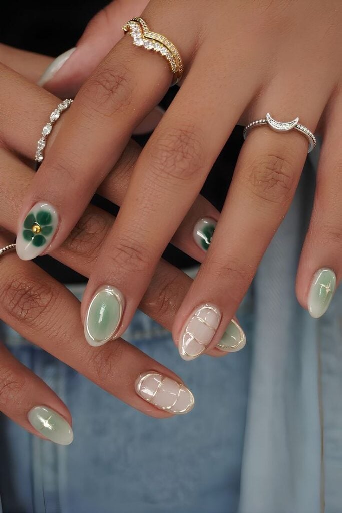 Medium Almond Sage Green White Flower Gold Center Plaid Nails — School Nails