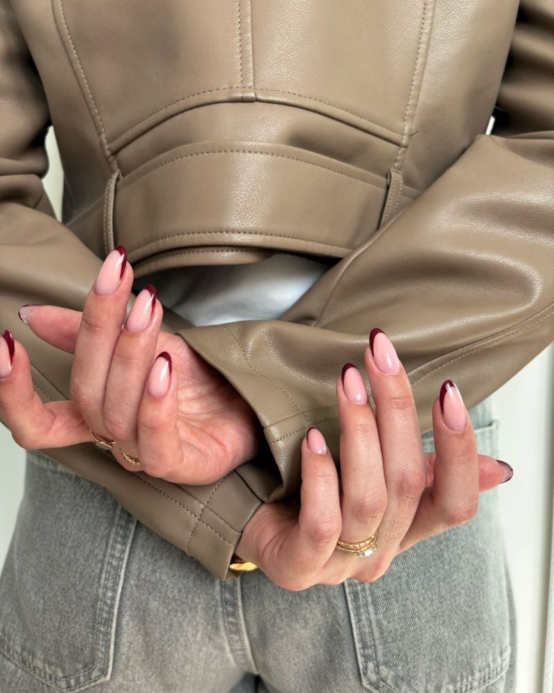 Medium Almond Deep French Manicure Dark Red Tips — School Nails