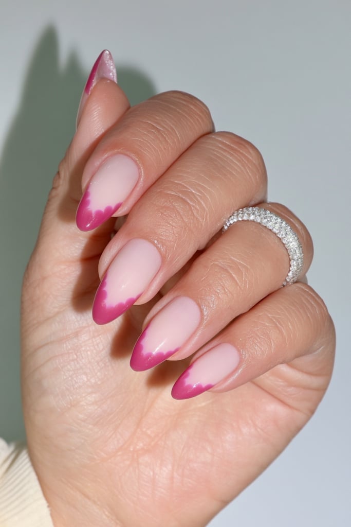 Medium Almond Nude Abstract Pink Wavy French Tip Nails — School Nails