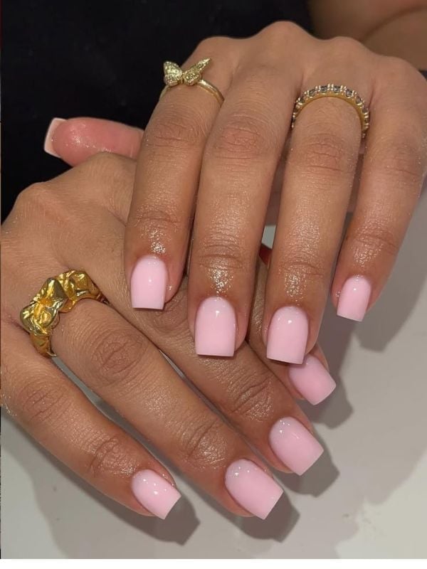 Opaque Pastel Pink Short Square Nails — School Nails