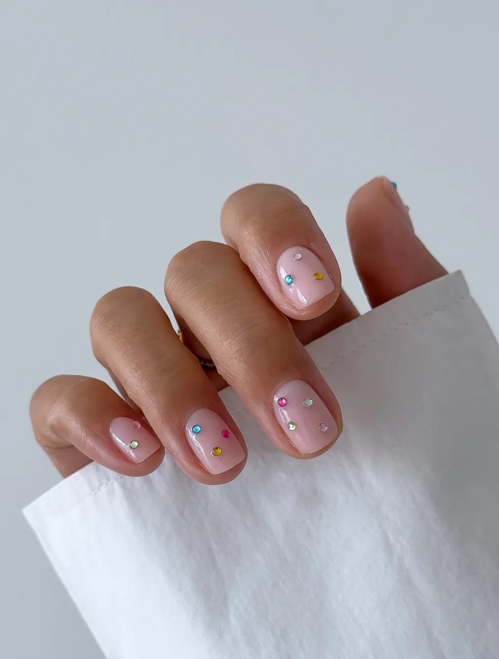 Short Square Pink Nails With Scattered Rhinestones — School Nails