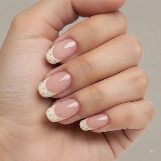 Short Oval Nude French Tips With Pastel Polka Dots — School Nails