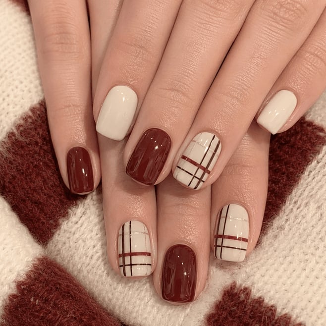 Short Square Cream Plaid Deep Red Nails — School Nails
