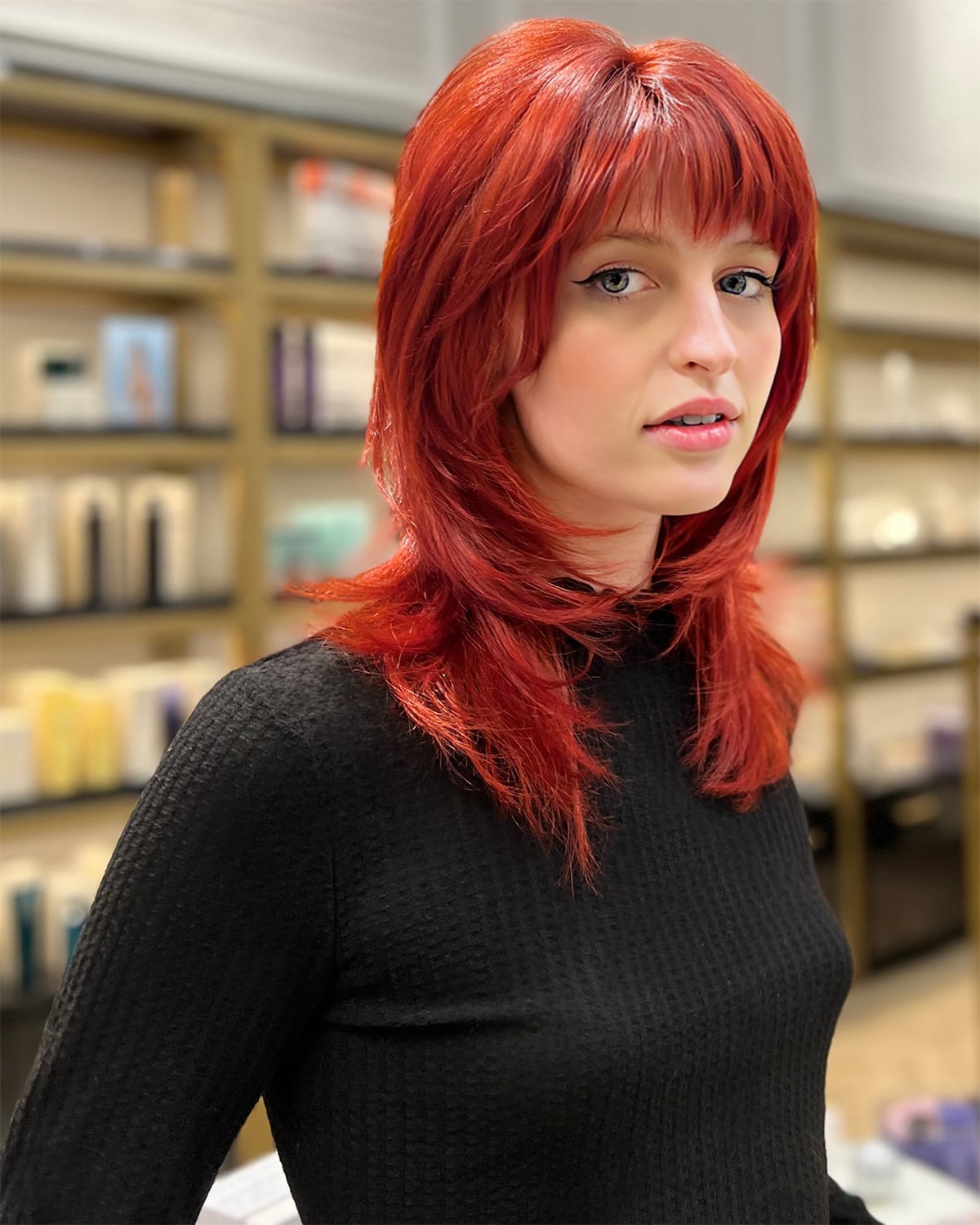 Mid-Length Vibrant Red Shag With Full Fringe — Shag Haircut