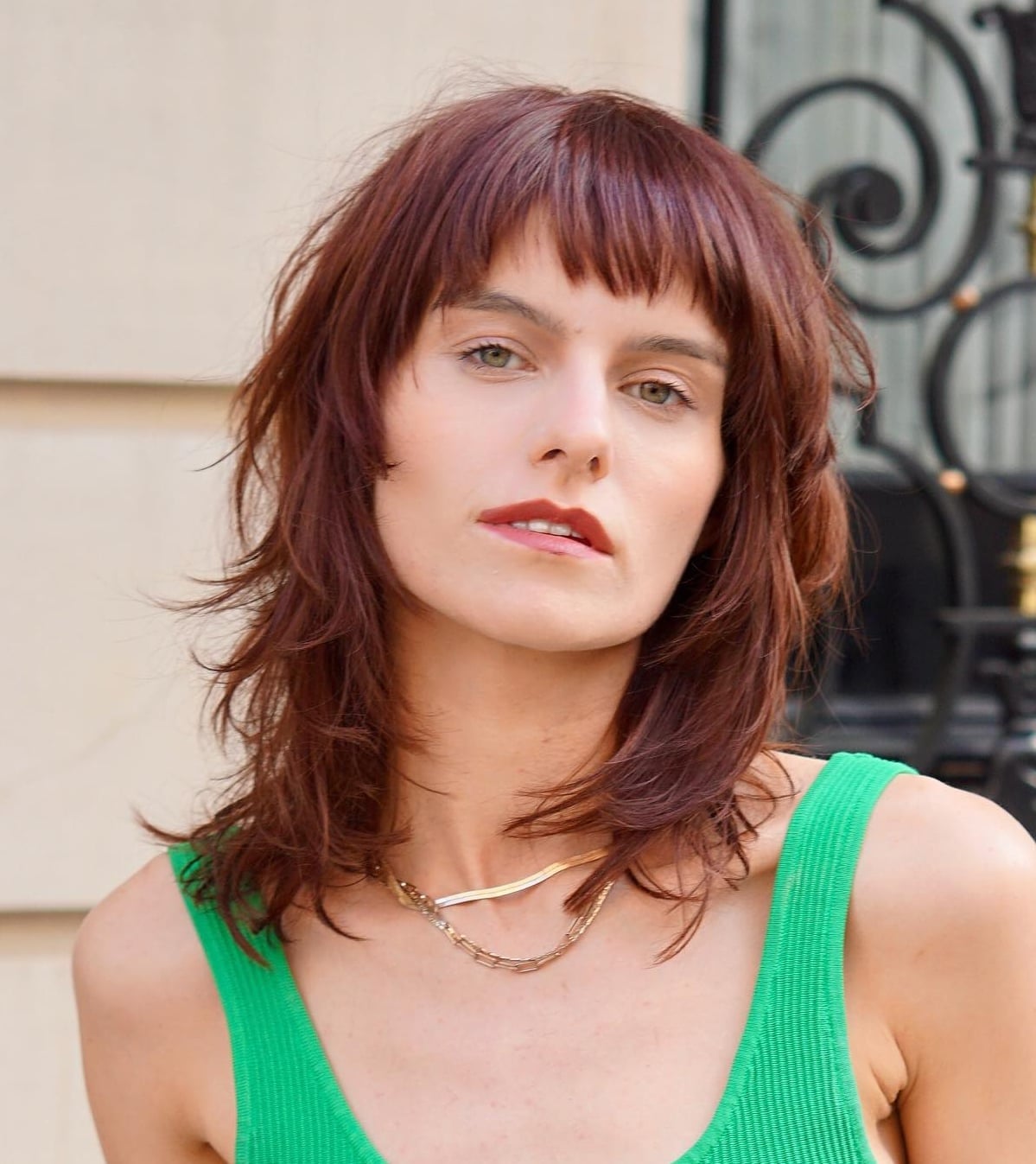 Shoulder Length Auburn Shag With Blunt Bangs — Shag Haircut