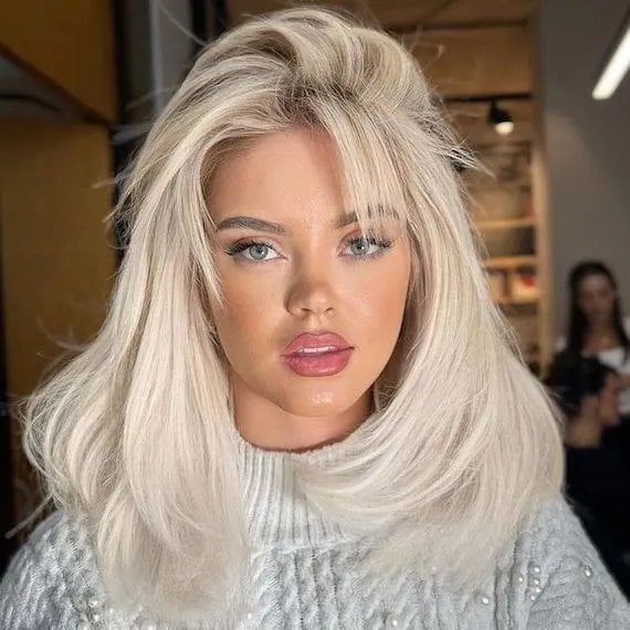 Shoulder Length Ash Blonde Shag With Root Shadow Shoulder Length Ash Blonde Shag With Root Shadow — Shag with Curtain Bangs